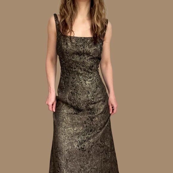 Lillie Rubin Carmen Marc Valvo Collection Brown Beaded Evening Gown Dress Long S - Picture 3 of 16